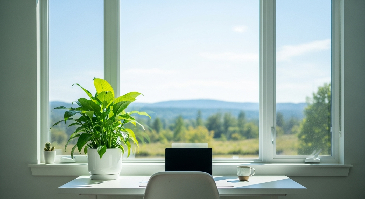 Phòng làm việc tại nhà tối giản, ngập tràn ánh sáng tự nhiên với cây xanh tươi trên bàn trắng. Đây là ví dụ tuyệt vời về trang trí nhà tiết kiệm, tạo không gian làm việc tập trung và đầy cảm hứng.