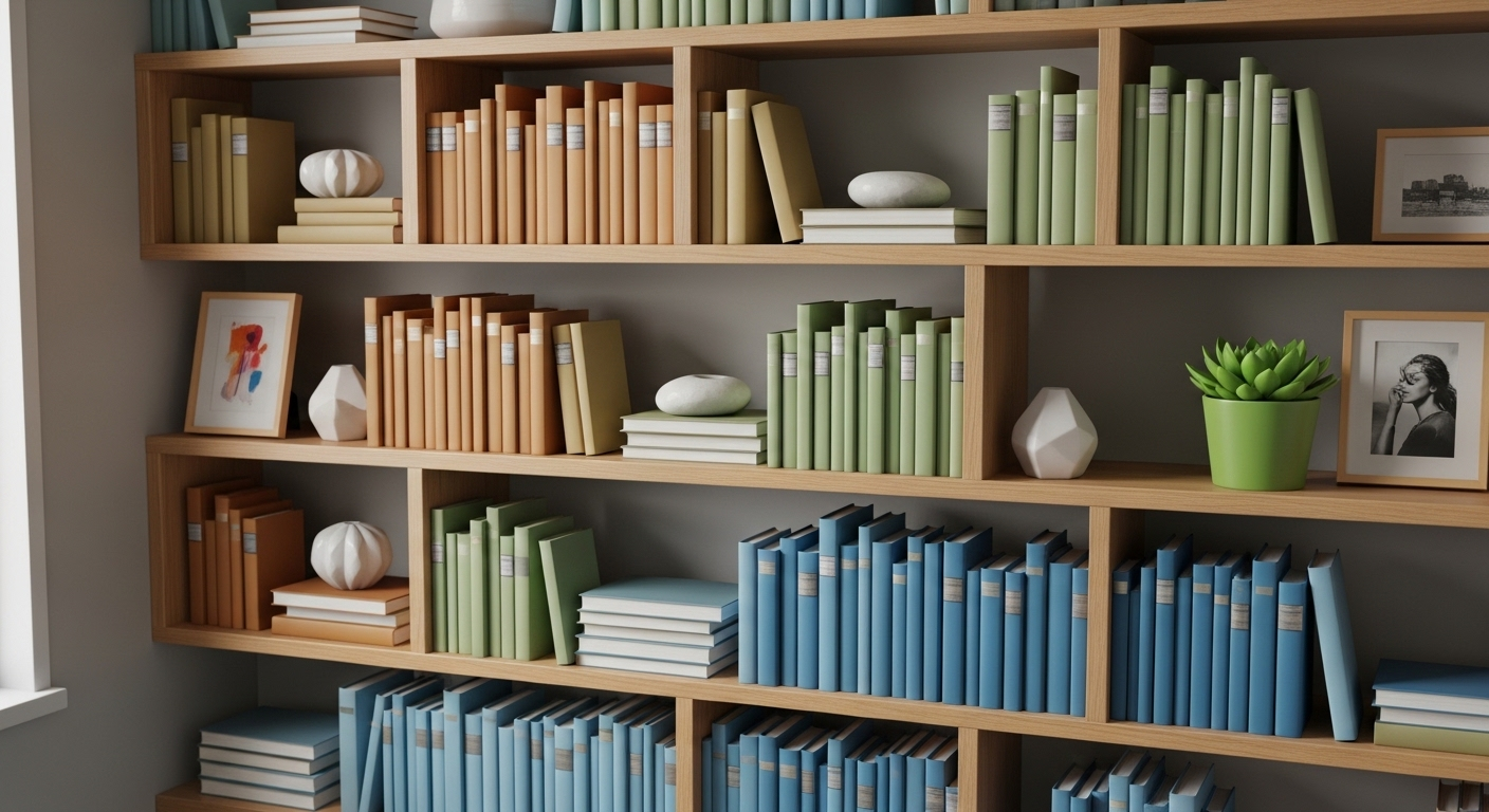 Kệ sách gỗ hiện đại sắp xếp gọn gàng với sách theo màu, đồ trang trí gốm sứ, khung ảnh và cây xanh, minh họa mẹo vặt trang trí nhà cửa tạo không gian ấm cúng.