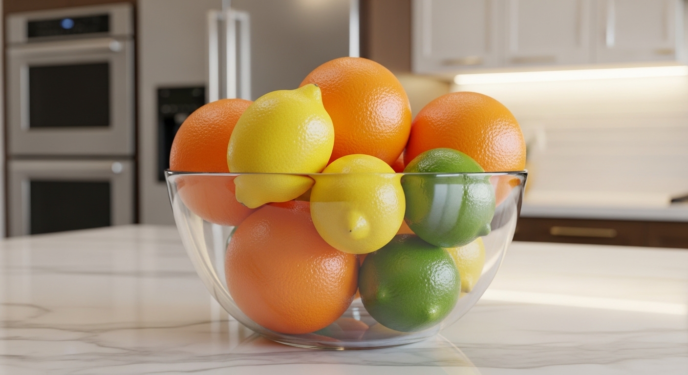 Bát thủy tinh cam, chanh, chanh xanh tươi trên bàn bếp, là mẹo vặt trang trí nhà cửa mang lại vẻ đẹp tự nhiên.