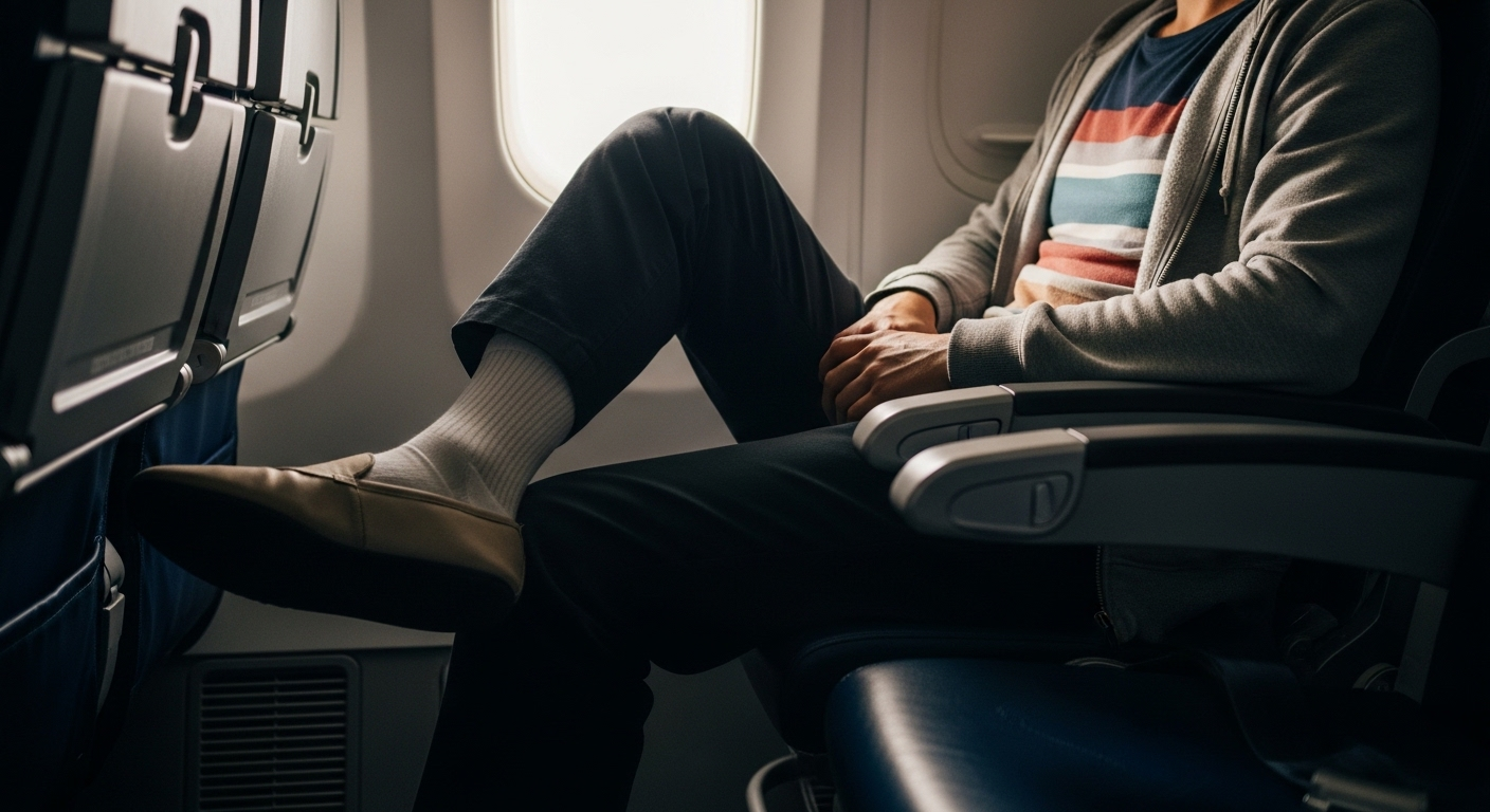 Hành khách thư giãn trên máy bay với quần rộng, áo khoác và tất nén, giày bệt. Đây là trang phục lý tưởng giúp bạn tránh những lựa chọn không nên mặc gì khi đi máy bay.