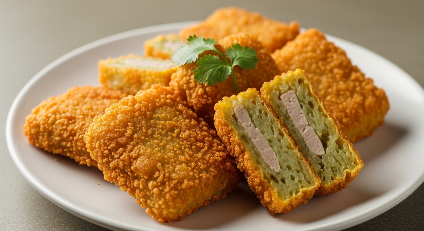 Bánh chưng rán vàng giòn rụm, phủ lớp trứng óng ánh trên đĩa trắng, điểm rau mùi xanh tươi. Đây là món ăn được nhiều người ưa thích, tương tự hương vị giòn ngon của rán bánh chưng bằng nước lọc.