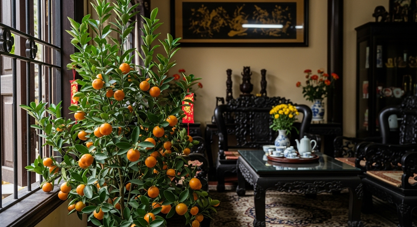 Cây quất Tết trĩu quả vàng cam, lì xì đỏ treo trên cành trong phòng khách Việt truyền thống tràn ngập nắng. Hình ảnh gợi nhắc phong tục Tết cổ truyền, như tìm hiểu vì sao kiêng quét nhà đổ rác.