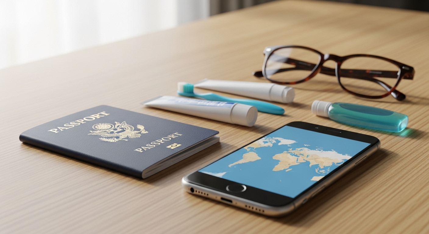 Vật dụng du lịch thiết yếu (hộ chiếu, điện thoại, bộ vệ sinh cá nhân, kính) sắp xếp gọn gàng trên bàn gỗ. Chuẩn bị hành lý là yếu tố then chốt trong kinh nghiệm chọn vali du lịch hiệu quả.