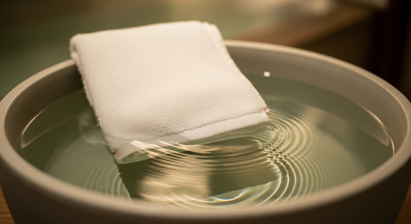 Chậu gốm đơn giản chứa nước ấm trong vắt ánh xanh nhạt cùng khăn trắng sạch, gợi lên sự thanh bình và ý nghĩa tục lệ rửa mặt bằng nước rau mùi già. Chậu gốm đơn giản chứa nước ấm trong vắt ánh xanh nhạt cùng khăn trắng sạch, gợi lên sự thanh bình và ý nghĩa tục lệ rửa mặt bằng nước rau mùi già.