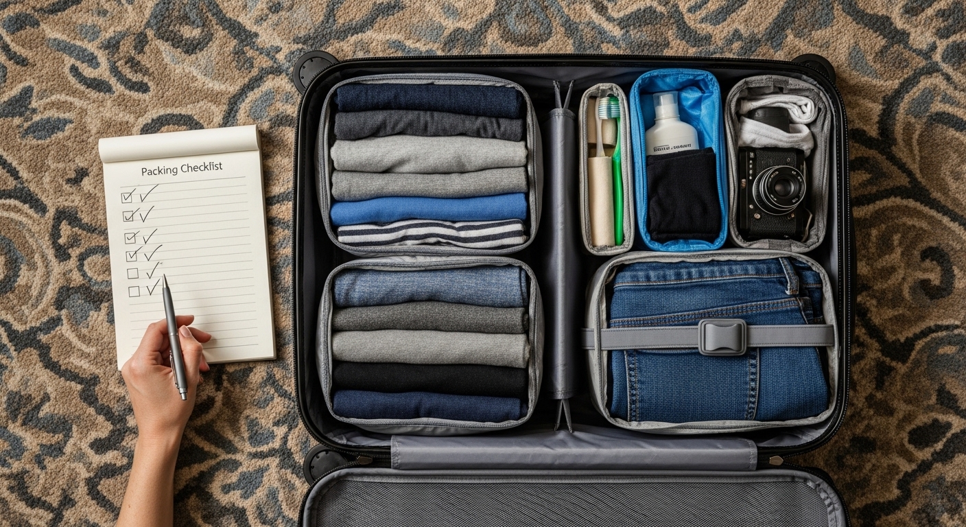 Ảnh từ trên cao vali mở, đồ đạc được sắp xếp gọn gàng bằng túi chia ngăn trên thảm phòng khách sạn. Kế bên là danh sách kiểm tra hành lý với dải ruy băng đỏ khách sạn tinh tế, cùng tay đang cầm bút để hoàn tất chuẩn bị cho chuyến đi.