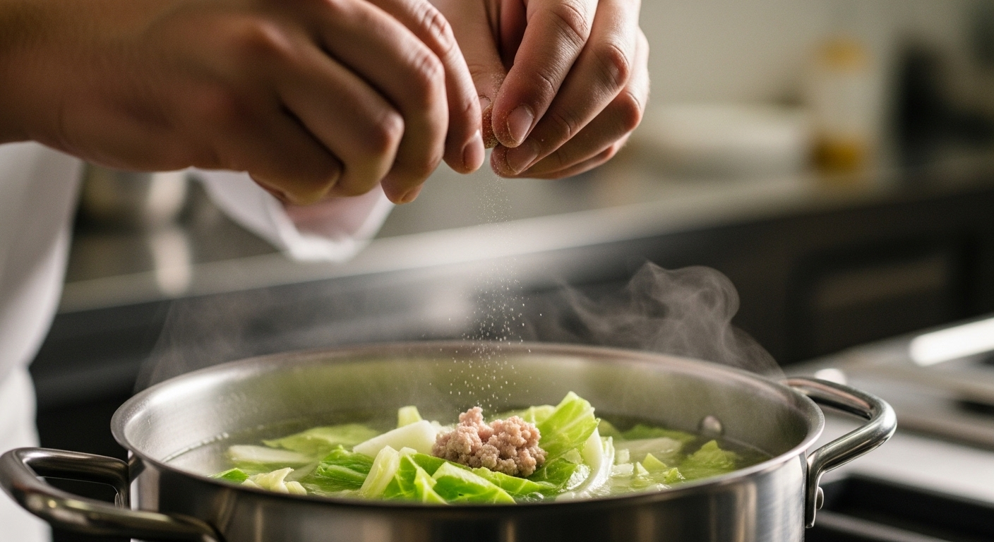 Đầu bếp rắc gia vị vào nồi canh bắp cải thịt băm đang sôi, một món ăn dễ làm và bổ dưỡng cho mọi gia đình.