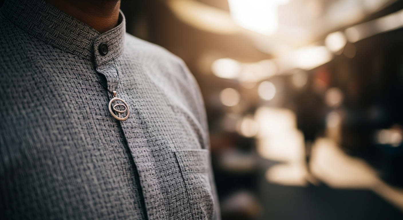 Cận cảnh áo sơ mi dài tay kín đáo, họa tiết tinh tế và mặt dây chuyền bạc đơn giản, hòa mình vào không khí chợ địa phương. Gợi ý về trang phục theo mẹo du lịch an toàn cho nữ. Cận cảnh áo sơ mi dài tay kín đáo, họa tiết tinh tế và mặt dây chuyền bạc đơn giản, hòa mình vào không khí chợ địa phương. Gợi ý về trang phục theo mẹo du lịch an toàn cho nữ.