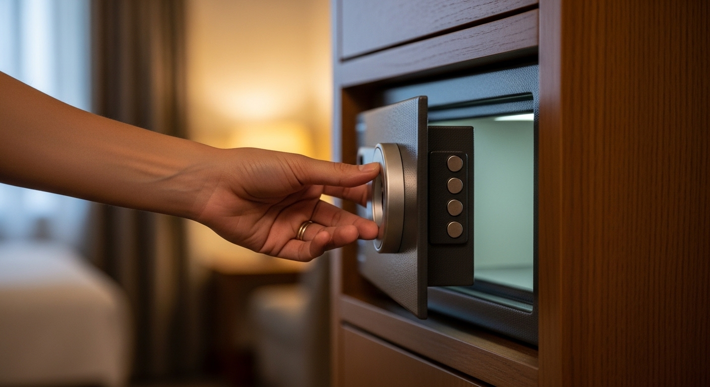 Cận cảnh bàn tay kiểm tra đồ vật bên trong két an toàn khách sạn, một mẹo dùng két an toàn khách sạn quan trọng để không bỏ sót vật dụng cá nhân.