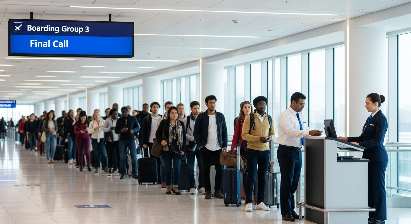 Hành khách đa dạng xếp hàng trật tự tại cổng lên máy bay hiện đại, nhân viên sân bay đang quét thẻ. Hình ảnh này minh họa rõ nét lý do hành khách xếp hàng sớm lên máy bay để đảm bảo quy trình suôn sẻ và đúng giờ.