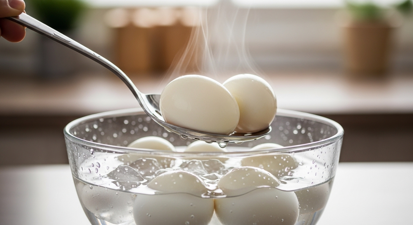 Trứng luộc nóng hổi, còn bốc hơi nhẹ, đang được nhẹ nhàng cho vào bát nước đá bằng thìa có rãnh. Việc làm nguội nhanh này giúp trứng dễ bóc vỏ sau khi biết luộc trứng bao nhiêu phút là chuẩn nhất.