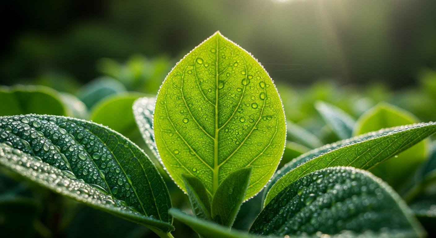 Ảnh macro lá xanh mướt đọng sương dưới nắng sớm, gợi cảm giác bình yên là mẹo cải thiện tâm trạng hiệu quả.