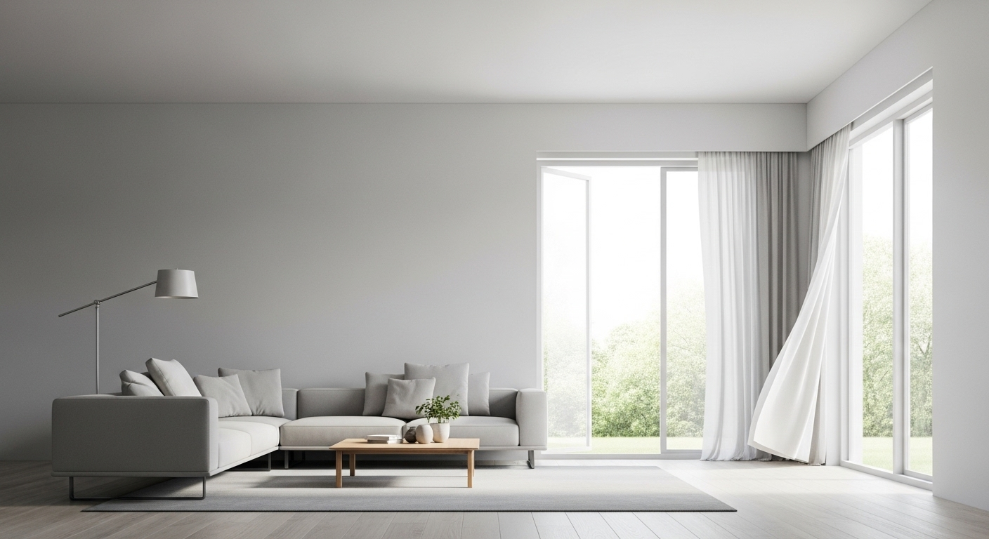 Phòng khách tối giản, tràn ngập ánh sáng tự nhiên và thông gió tốt, mang đến không gian sống hài hòa theo phong thủy nhà ở.