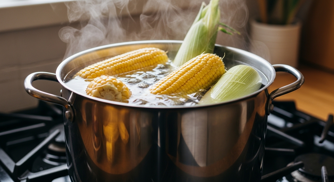 Luộc ngô tươi trong nồi inox lớn trên bếp gas đang hoạt động, hơi nước nhẹ nhàng bốc lên.