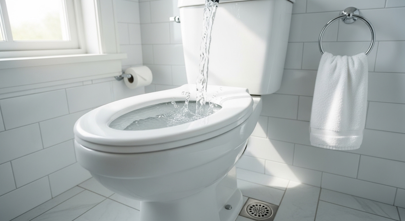 Bồn cầu trắng sạch sẽ, nước xả mạnh mẽ trong nhà vệ sinh sáng bừng. Hình ảnh minh họa hệ thống thoát nước hoạt động hoàn hảo, giúp bạn không phải lo lắng tìm cách thông bồn cầu bằng muối.