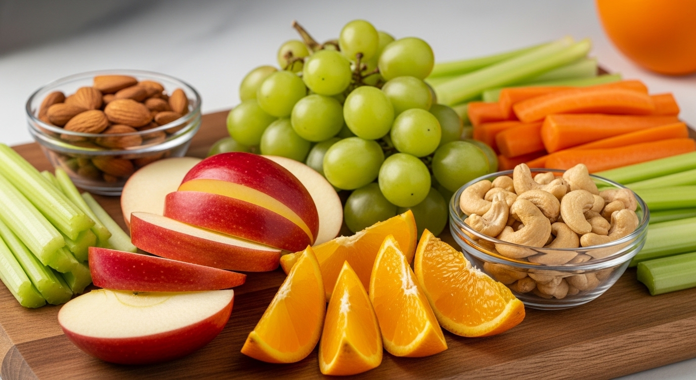 Mâm đồ ăn vặt tươi ngon trên thớt gỗ gồm táo, cam, nho, cà rốt, cần tây, hạnh nhân, hạt điều – hình ảnh ăn uống lành mạnh.