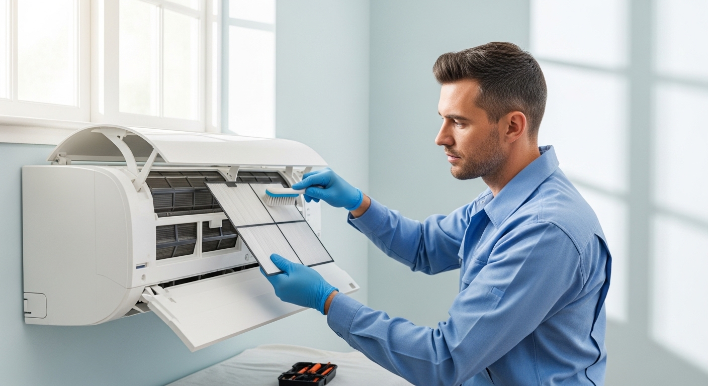 Kỹ thuật viên chuyên nghiệp vệ sinh bộ lọc điều hòa. Bảo dưỡng định kỳ giúp máy hoạt động hiệu quả, an toàn, ngay cả khi cần bật điều hòa khi dông bão để duy trì sự thoải mái trong nhà.