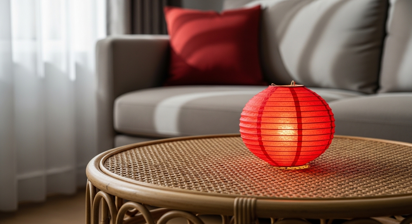 Bàn trà mây tròn với đèn lồng đỏ trong phòng khách hiện đại, ý tưởng trang trí nhà cửa đón Tết trong ánh sáng tự nhiên.