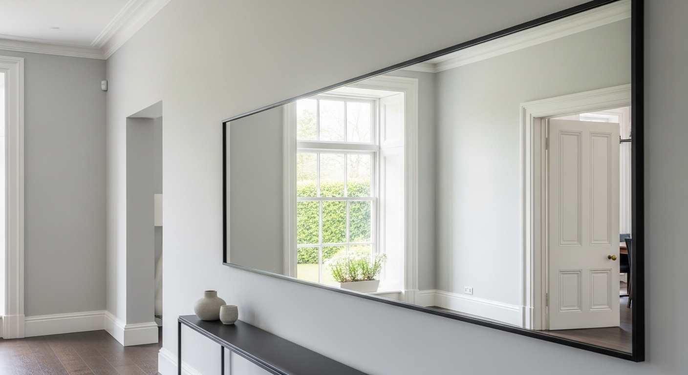 Gương treo tường chữ nhật khung kim loại đen đơn giản trên tường hành lang, phản chiếu ánh sáng tự nhiên từ cửa sổ, giúp không gian sáng và rộng hơn – một giải pháp trang trí nội thất không lỗi mốt mang lại hiệu quả thị giác cao.