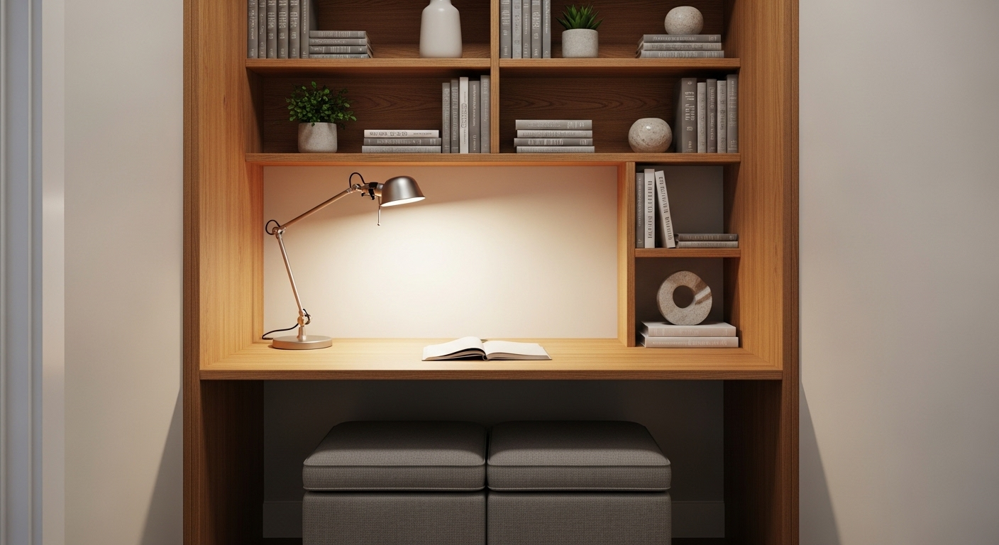 Góc học tập nhỏ gọn với bàn gỗ liền kệ, trang trí nhà cửa tối giản, ghế ottoman đa năng có ngăn chứa, dưới ánh đèn tập trung.