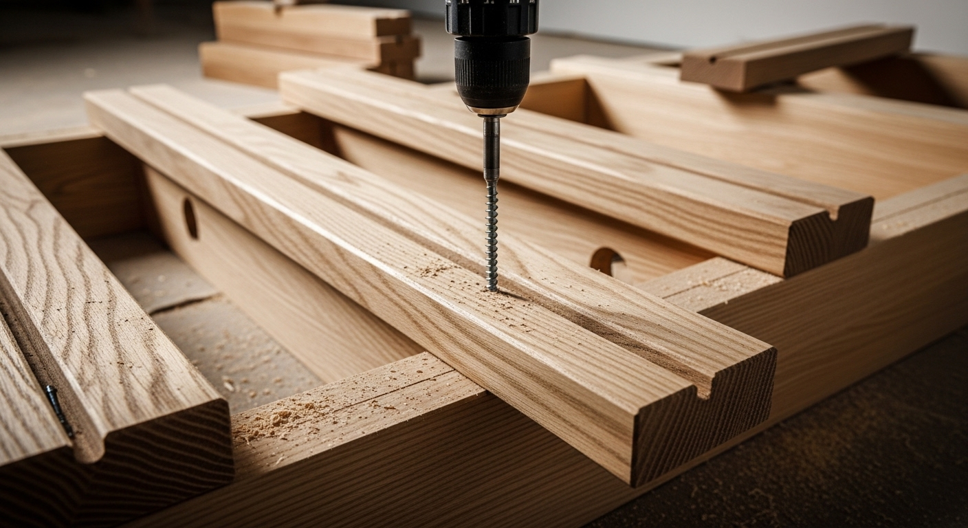 Cận cảnh lắp đặt bậc gỗ trong quá trình đóng cầu thang, sử dụng máy khoan điện và vít dài.