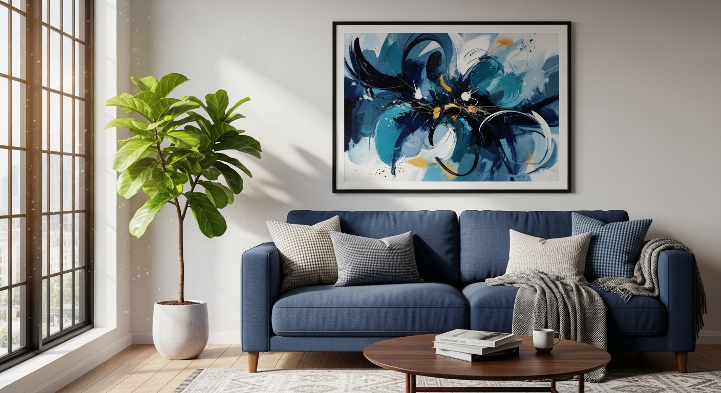 Phòng khách hiện đại ấm cúng với sofa vải màu xanh đậm, tranh trừu tượng lớn và cây xanh đón ánh sáng tự nhiên.