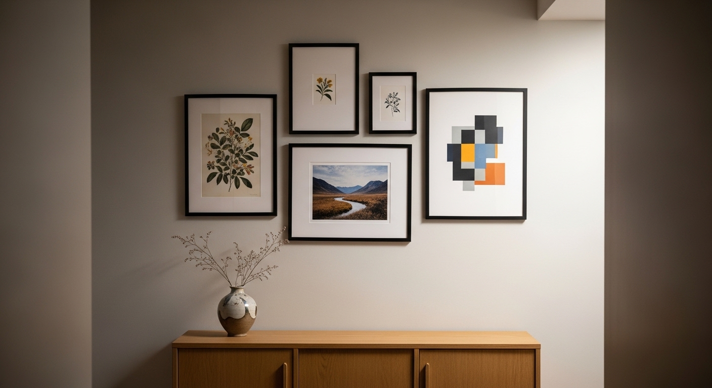 Góc hành lang với tường tranh nghệ thuật đa dạng (thực vật, phong cảnh, trừu tượng) trên tủ gỗ kèm bình hoa khô, tạo điểm nhấn trang trí nhà đẹp tinh tế.