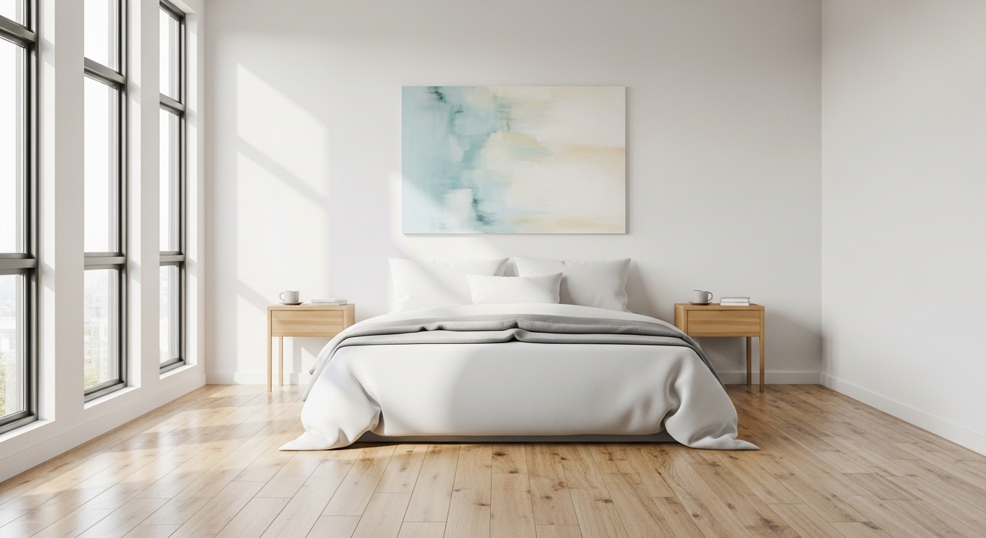 Phòng ngủ tối giản, sáng sủa với giường gọn gàng, bàn đầu giường đơn giản và không gian mở, minh họa cách bố trí phòng ngủ theo phong thủy giúp tăng cường năng lượng tích cực.