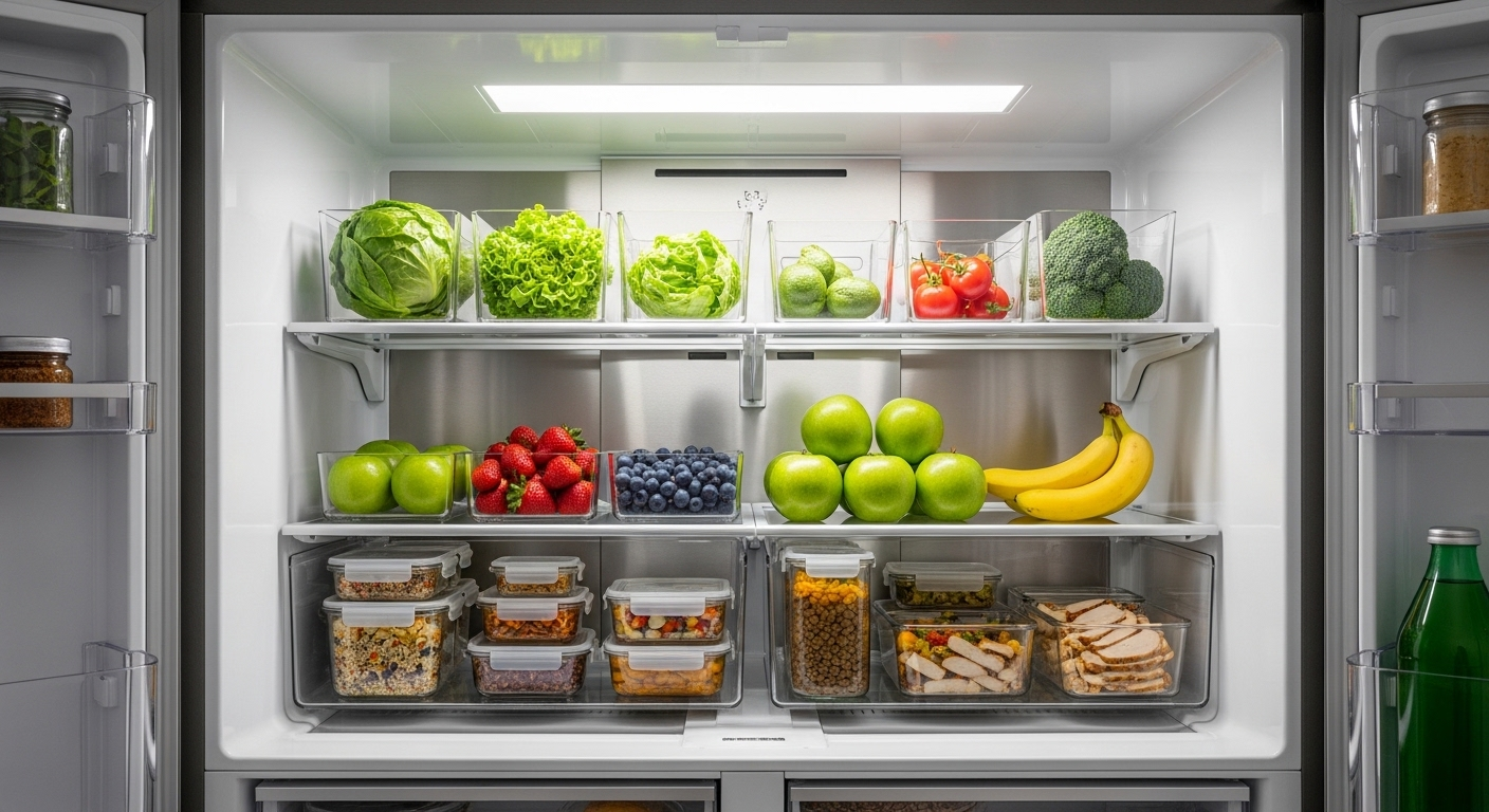 Nội thất tủ lạnh inox sáng sạch, ngăn nắp với rau xanh, trái cây và thực phẩm tươi, áp dụng các mẹo vặt nội trợ thông minh.