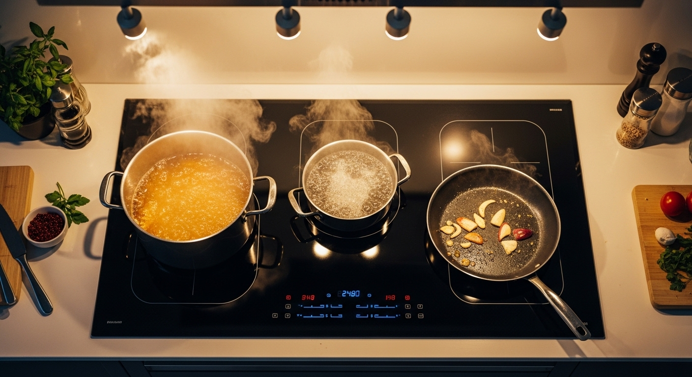 Bếp từ công suất lớn đang nấu nhiều món ăn cùng lúc với hai nồi và một chảo, tạo nên bữa ăn hiệu quả trong không gian bếp gia đình sáng sủa.