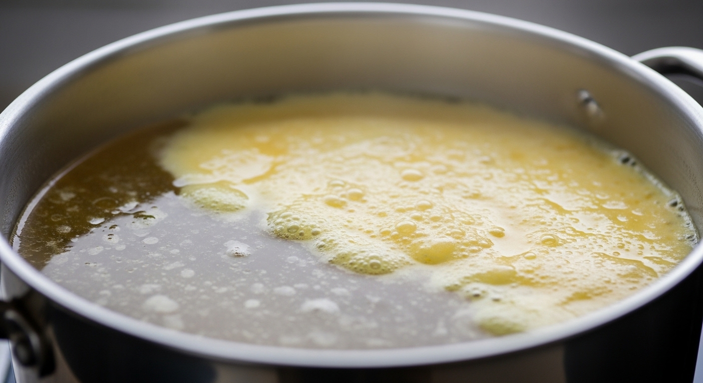 Nồi nước dùng lớn đang được làm trong bằng lòng trắng trứng dưới ánh sáng bếp dịu nhẹ, một kỹ thuật giúp nấu nước dùng ngon và trong vắt, với lớp bọt trứng sẵn sàng được vớt.