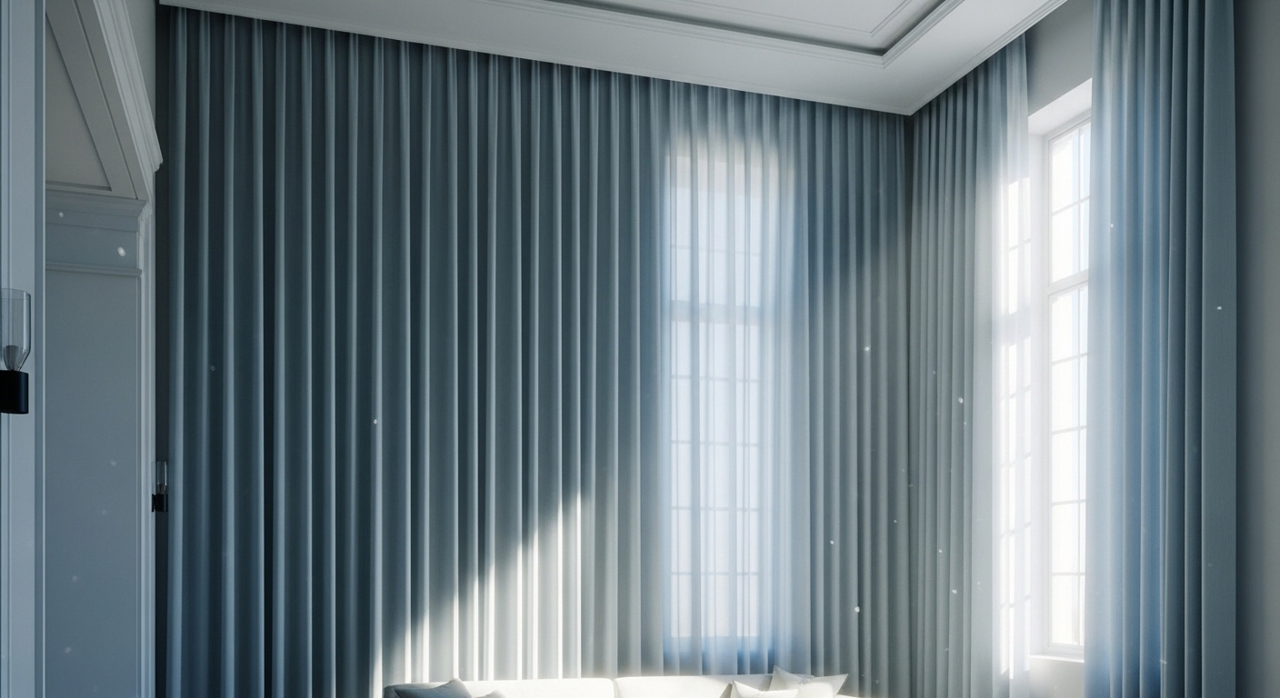 Trang trí nội thất phòng khách hiện đại với rèm cửa xanh nhạt cao chạm trần, tạo không gian mở rộng và tràn ngập ánh sáng tự nhiên, làm nổi bật sofa sáng màu. Trang trí nội thất phòng khách hiện đại với rèm cửa xanh nhạt cao chạm trần, tạo không gian mở rộng và tràn ngập ánh sáng tự nhiên, làm nổi bật sofa sáng màu.