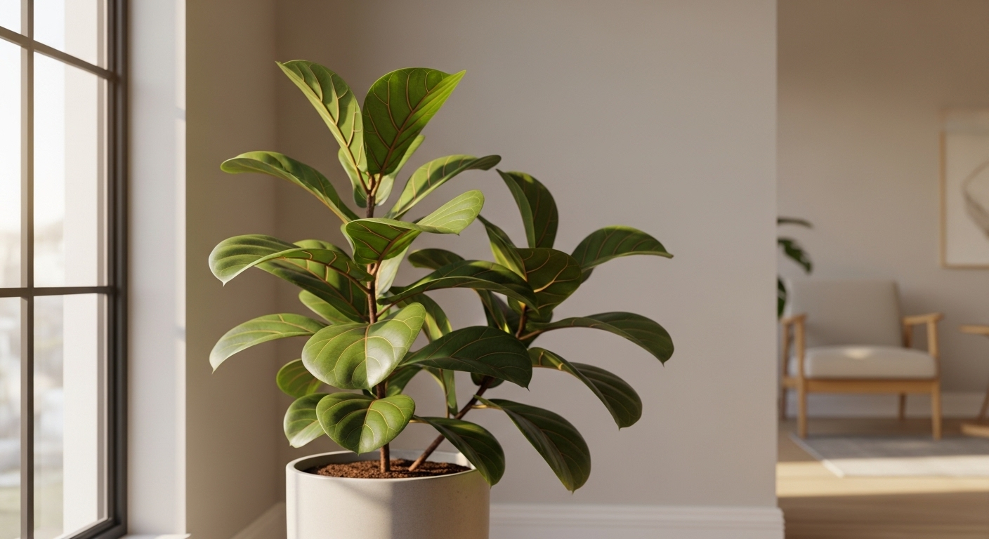Cây bàng Singapore lá xanh tươi trong chậu tối giản, đặt ở góc phòng khách nhỏ ngập nắng. Một cách hiệu quả để trang trí phòng khách nhỏ thêm sinh động và tươi mới.