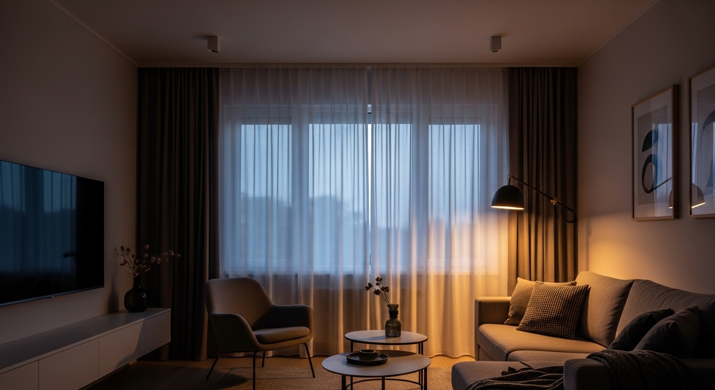 Thiết kế nội thất phòng khách ấm cúng và thư giãn vào hoàng hôn, với ánh sáng dịu từ rèm cửa, đèn âm trần và đèn sàn hiện đại chiếu sáng ghế sofa thoải mái.