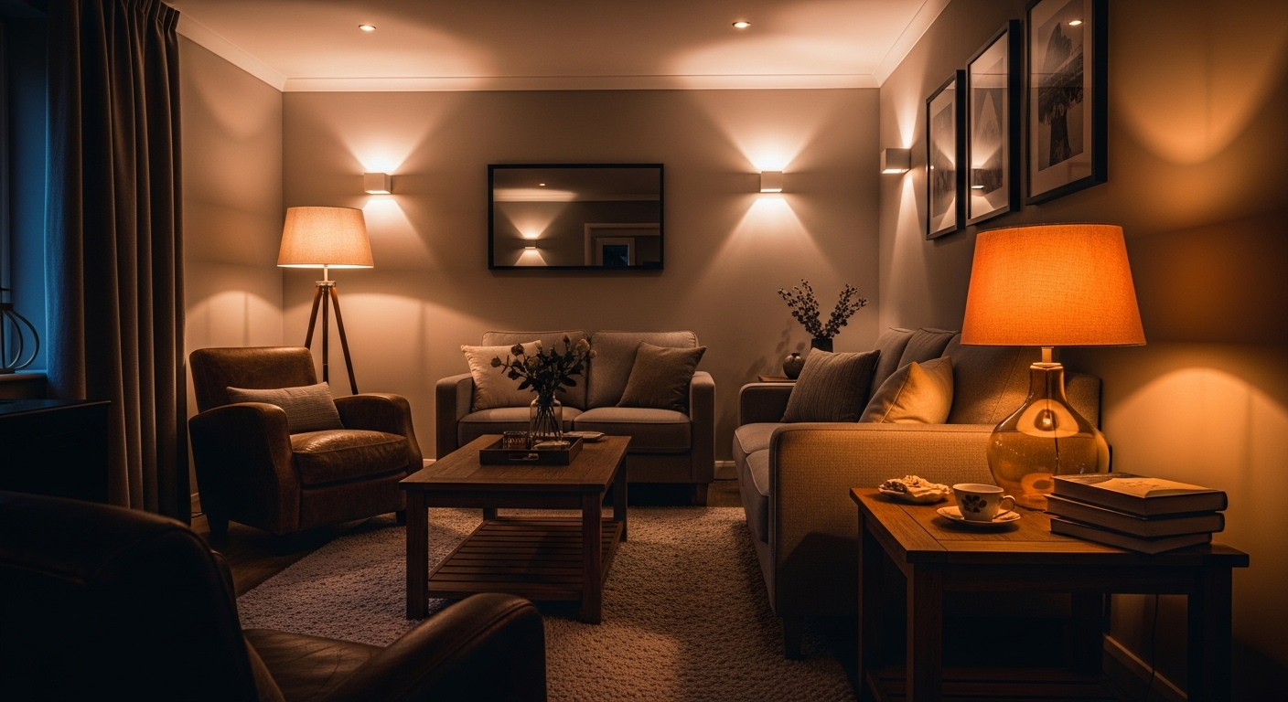 Ánh sáng ấm áp từ đèn âm trần và đèn tường trong phòng khách nhỏ, tạo không gian nhiều lớp và rộng rãi, minh họa mẹo vặt giúp phòng khách nhỏ trông rộng hơn.