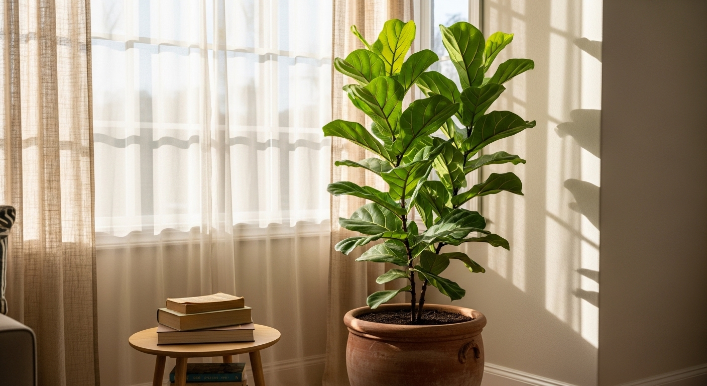 Cây bàng Singapore lớn trong chậu đất nung bên cửa sổ rèm voan, phòng khách ấm cúng nhận ánh nắng tự nhiên, gợi ý tuyệt vời cho cách làm mới phòng khách với không gian xanh tươi và thư giãn.
