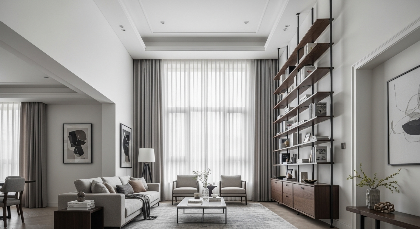 Phòng khách sang trọng với trần cao, rèm cửa sổ dài và kệ sách thẳng đứng, thiết kế thông minh giúp ăn gian diện tích phòng khách và tạo cảm giác rộng rãi, thoáng đãng.
