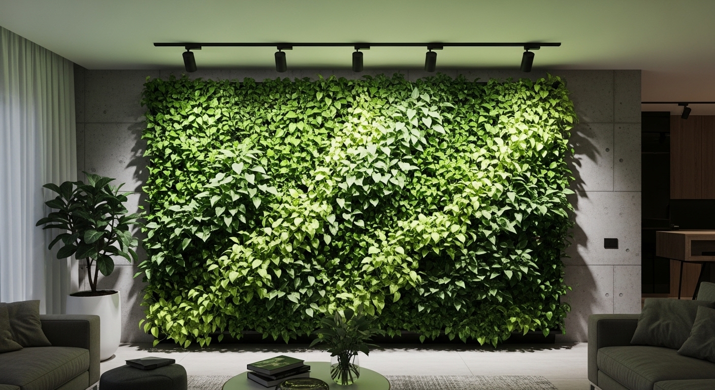 Vườn tường xanh mướt với đa dạng cây lá trên tường điểm nhấn phòng khách, mang đến ý tưởng trang trí tường phòng khách hiện đại và gần gũi thiên nhiên.