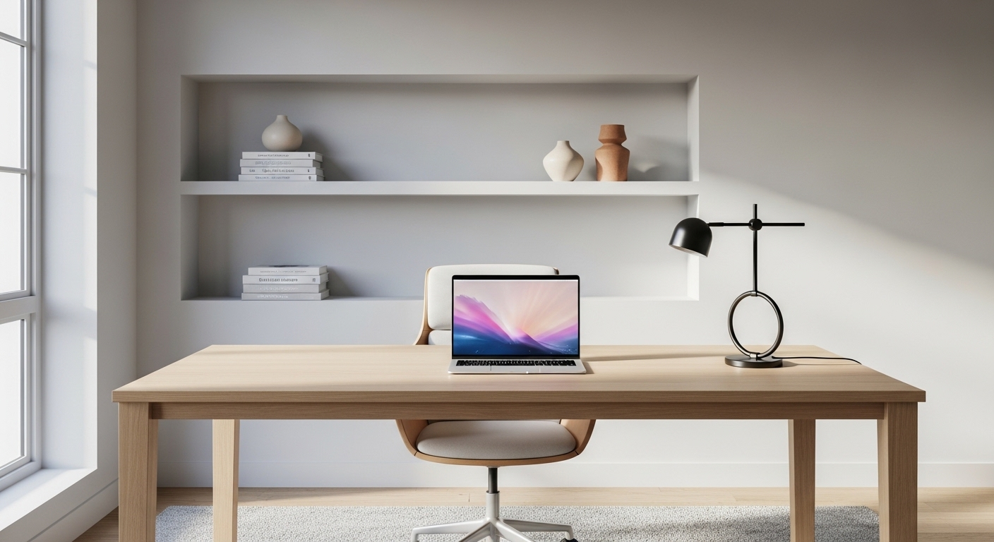 Văn phòng tại nhà tối giản với bàn gỗ sáng, kệ tường trắng đựng sách và đồ gốm trang trí nhà cửa. Thiết kế gọn gàng, hiện đại.