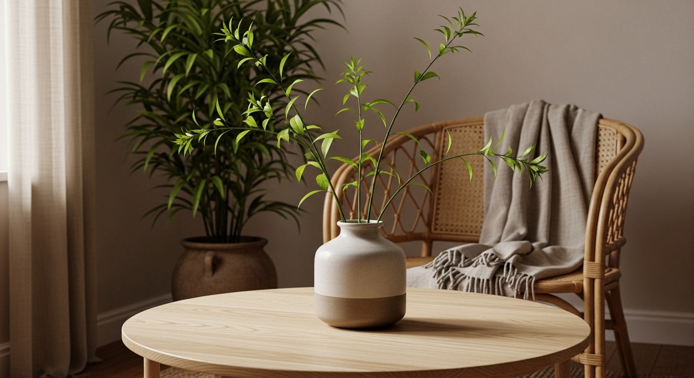 Góc phòng khách với bàn cà phê gỗ tròn, ghế mây thư giãn có chăn vải lanh và cây xanh tươi mát, tạo nên không gian trang trí phòng khách ấm cúng.