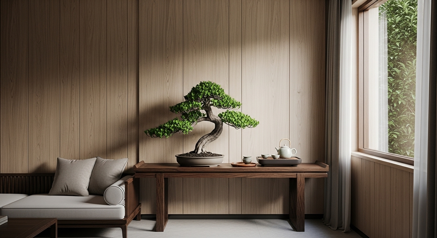 Phòng khách Á Đông hiện đại với đồ decor phòng khách là cây bonsai và bộ ấm trà gốm trên bàn console gỗ.