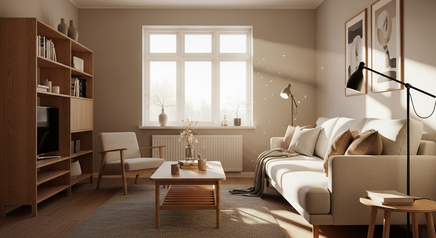 Ý tưởng trang trí phòng khách đơn giản và ấm cúng theo phong cách Scandinavia, với sofa vải trắng, nội thất gỗ sáng, đèn sàn đơn giản và ánh sáng tự nhiên chan hòa.