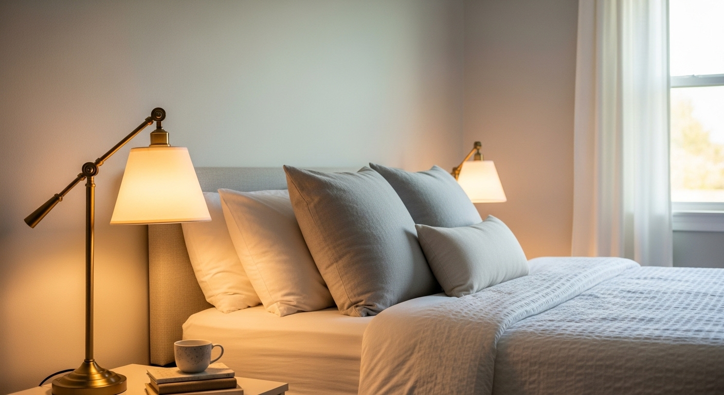 Phòng ngủ yên bình với giường gọn gàng, ga trắng tinh tươm và đèn ngủ ấm áp. Không gian lý tưởng cho giấc ngủ sâu, hỗ trợ cách giảm cân hiệu quả.