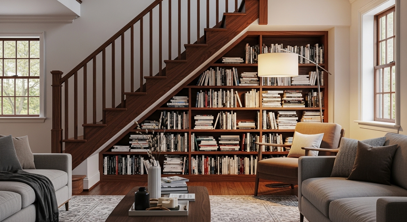 Phòng khách được thiết kế thông minh với kệ sách âm tường tích hợp dưới gầm cầu thang gỗ, tạo điểm nhấn độc đáo cho trang trí phòng khách. Đèn sàn mang lại ánh sáng ấm áp.