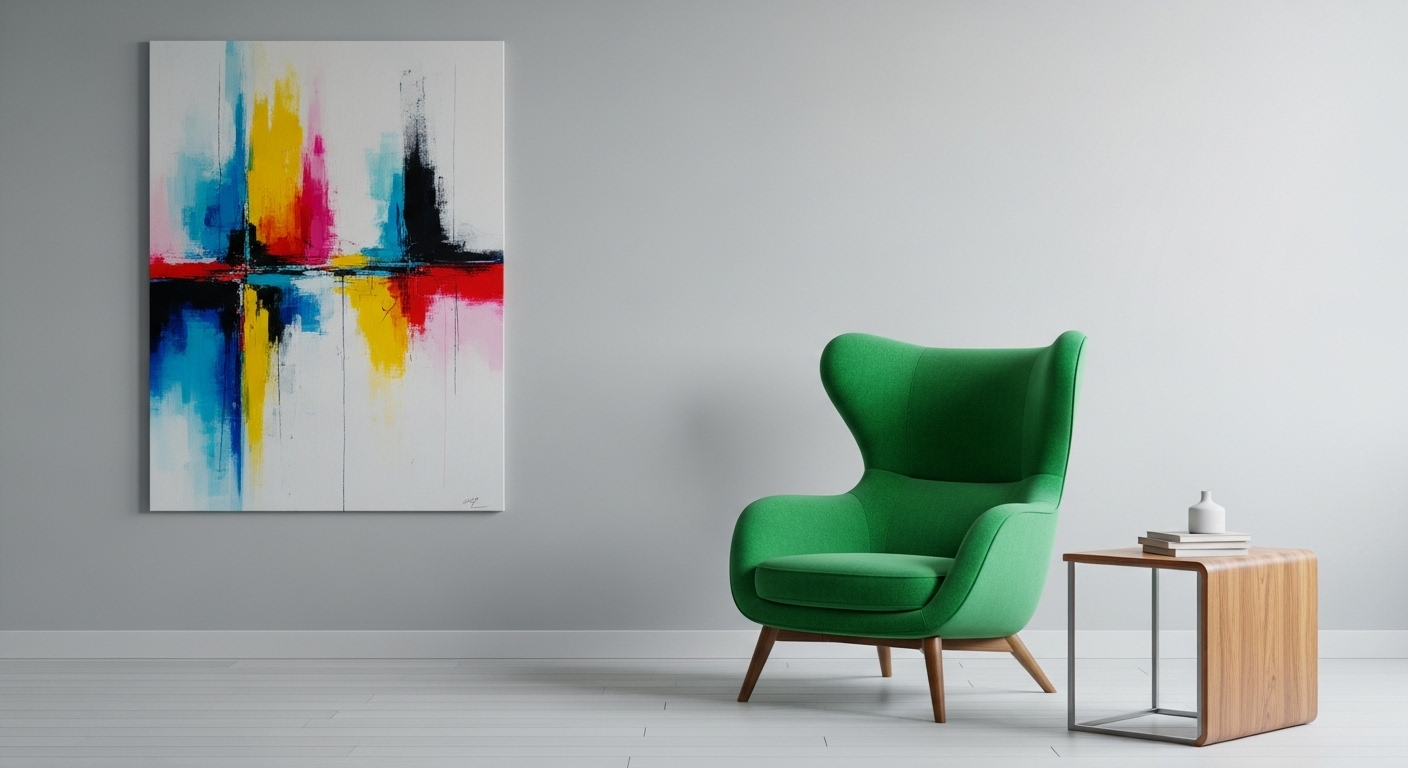 Trang trí phòng khách hiện đại với tông màu xám trắng ngà, điểm nhấn là ghế bành xanh ngọc lục bảo nổi bật và tranh trừu tượng lớn.