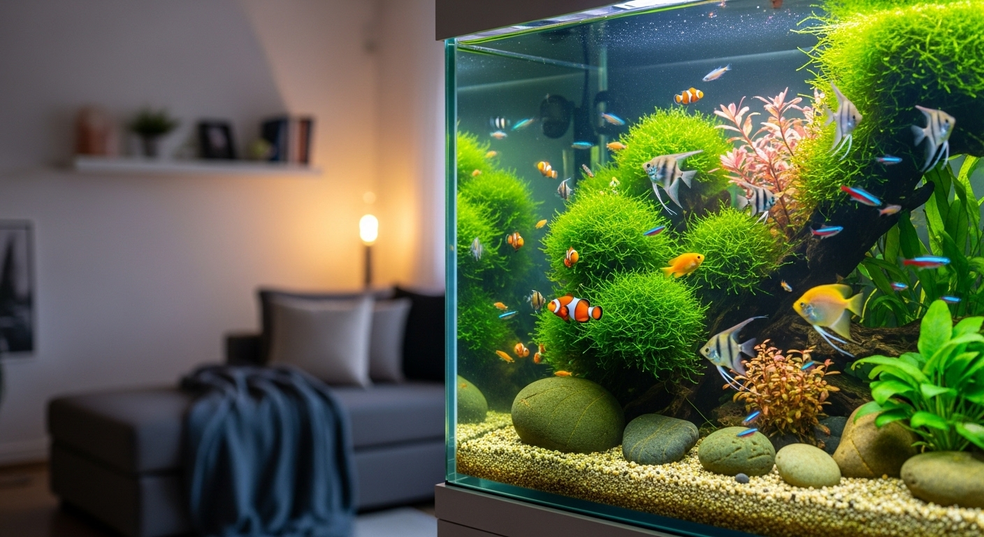 Hồ cá âm tường sống động với cá màu sắc, cây thủy sinh và đèn LED, tạo điểm nhấn thu hút cho trang trí phòng khách hiện đại.