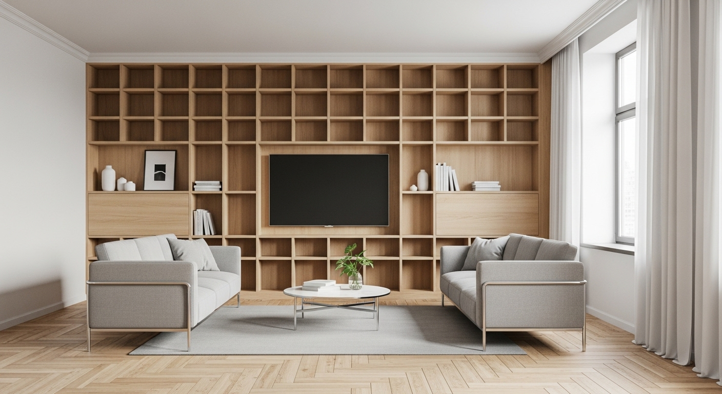 Trang trí phòng khách nhà vuông tối giản với kệ âm tường gỗ sáng thông minh tích hợp quanh TV, sofa hiện đại và sàn gỗ parquet.