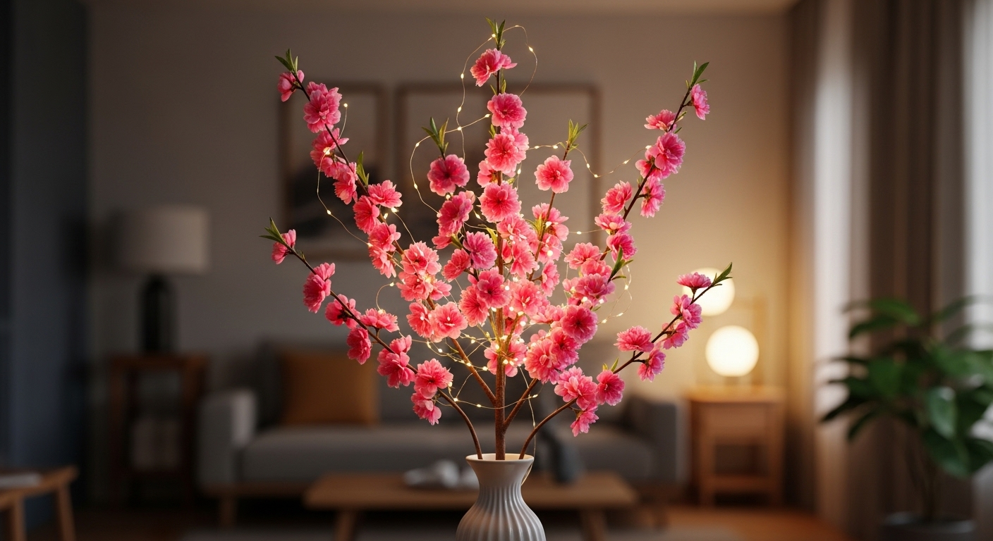Cành đào hồng nở rộ, lung linh đèn LED trong lọ gốm cao, gợi ý cách trang trí phòng khách ngày Tết thêm ấm cúng và sang trọng.