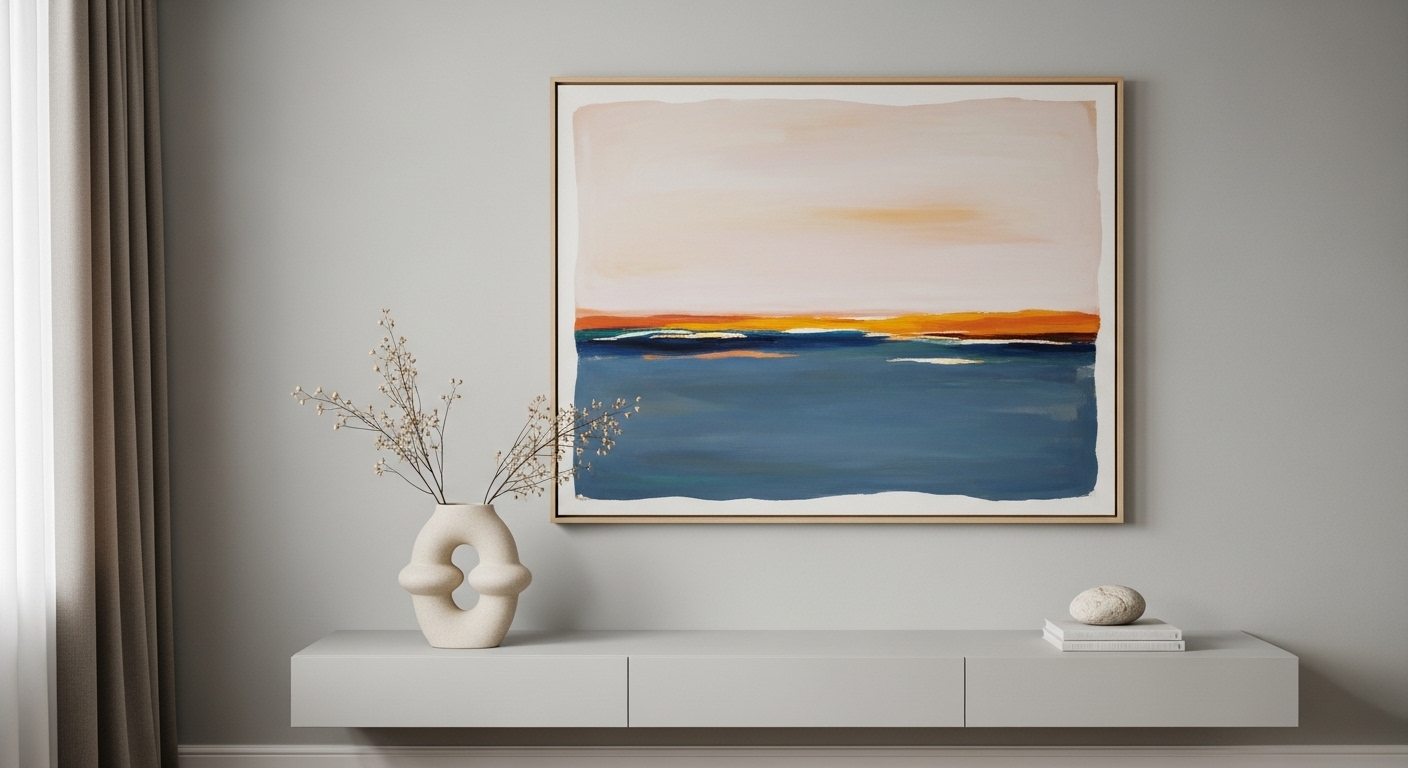 tường xám nhạt nổi bật với tranh trừu tượng lớn, kệ nổi đơn giản đựng bình gốm và đá tự nhiên.