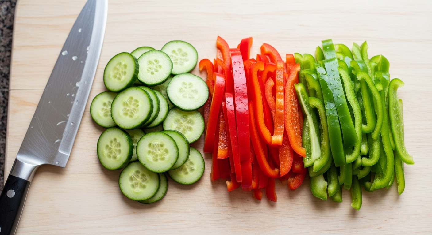 Thớt gỗ với rau củ tươi đã thái gọn gàng (dưa chuột, ớt chuông đỏ, ớt chuông xanh) cùng dao bếp, thể hiện bí quyết làm salad ngon từ nguyên liệu chuẩn bị kỹ lưỡng.