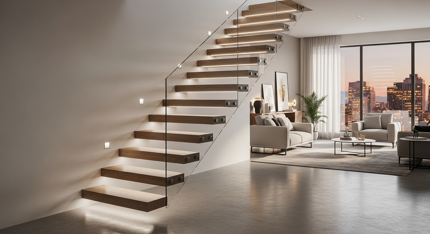 Thiết kế nội thất phòng khách nhà ống hiện đại với cầu thang nổi gỗ tinh tế, tích hợp đèn LED hắt sáng dưới mỗi bậc, tay vịn kính sang trọng và sàn bê tông đánh bóng.